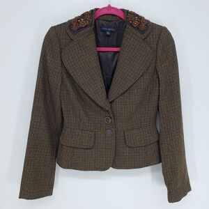 Banana Republic Wool Alpaca Blazer Jacket Womens 4 Brown Embellished Plaid Tweed